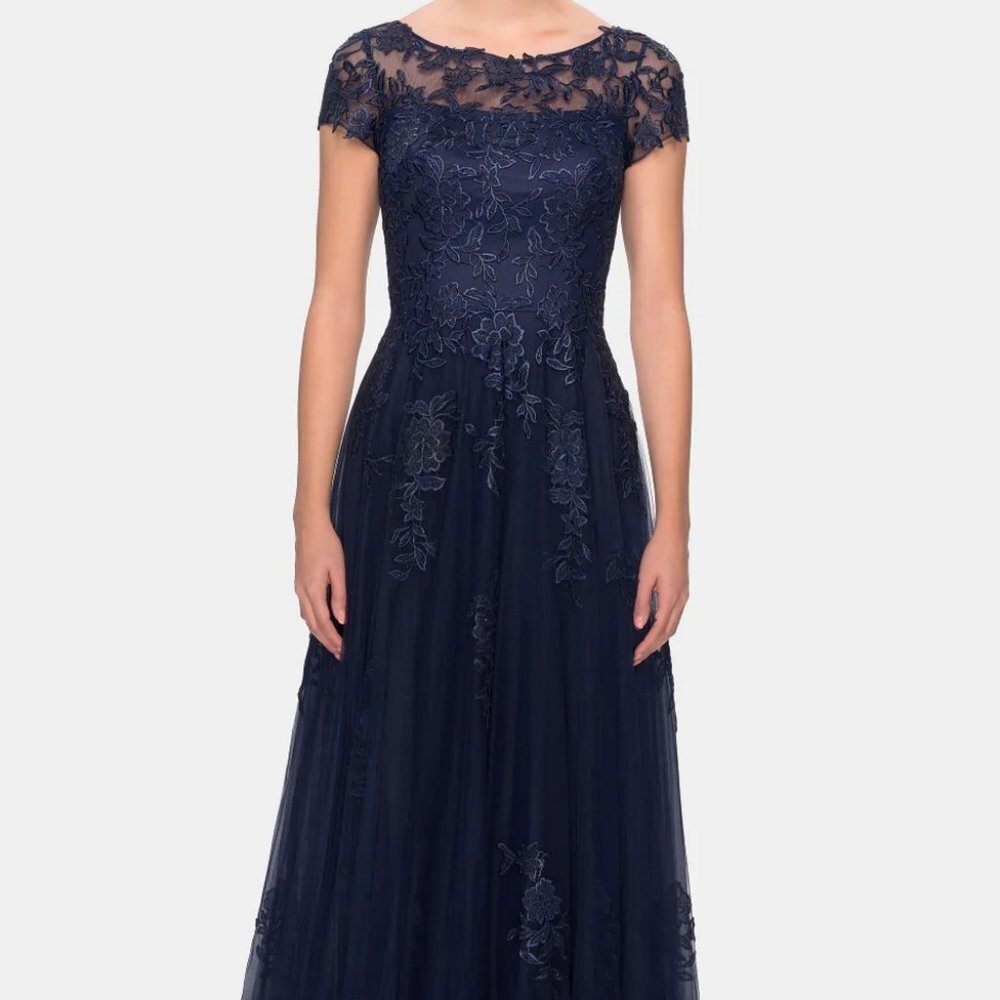 La Femme Navy Blue Embroidered Lace Illusion Yoke A-Line Gown